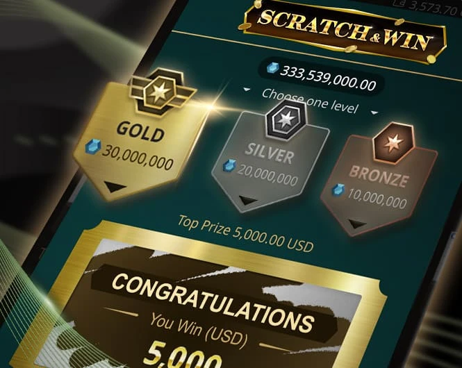 SA Gaming casino gaming interface featuring a Scratch & Win game with gold, silver, and bronze prize levels and rewards.